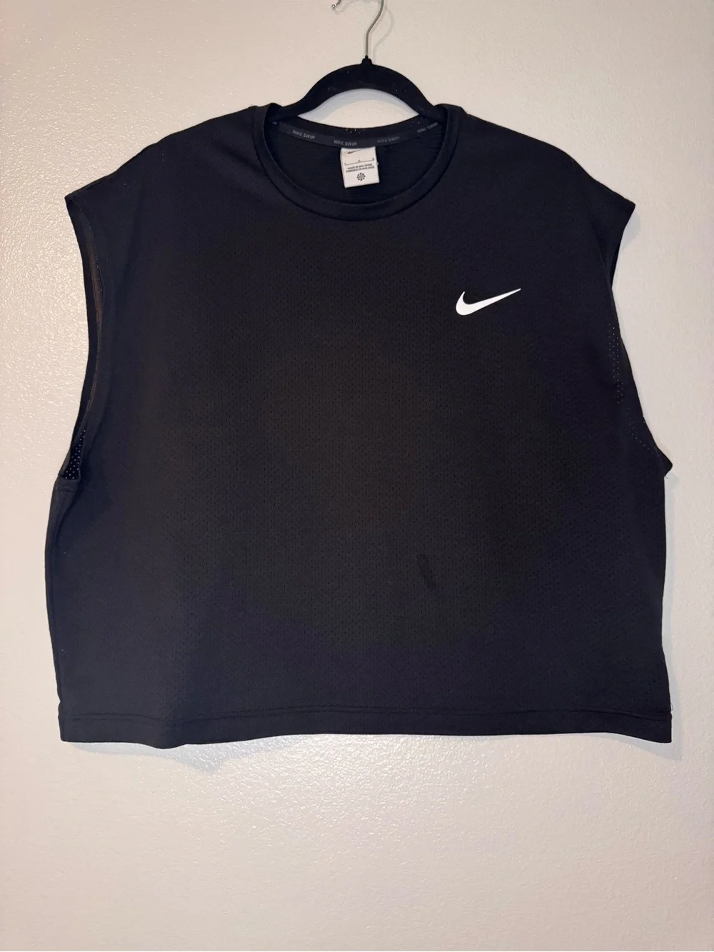 Nike swim men’s cropped Black Muscle Tank with White Swoosh size large
